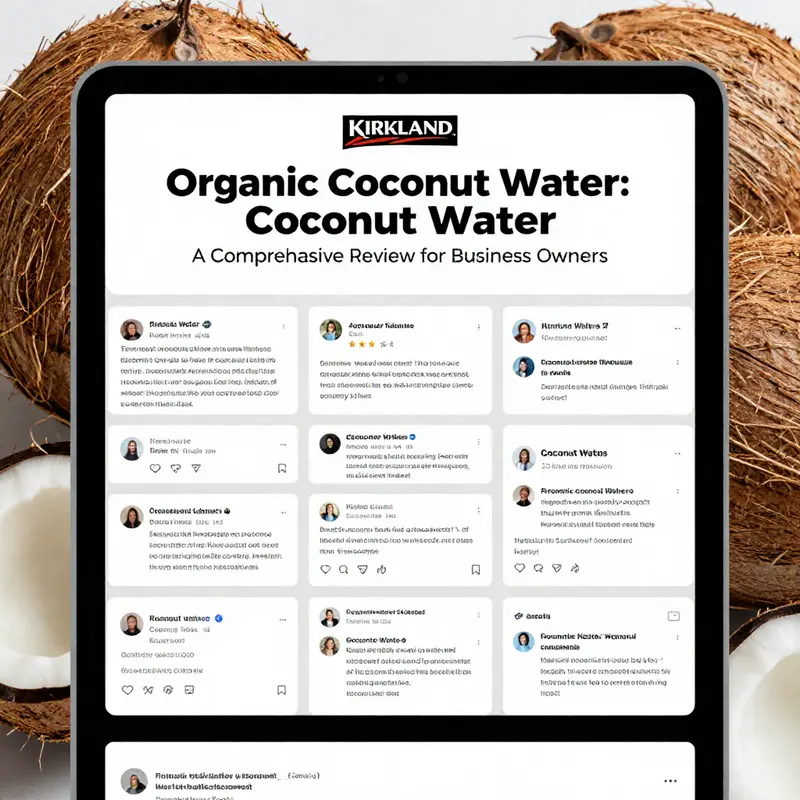 Customer reviews highlighting the positive reception of Kirkland Organic Coconut Water.