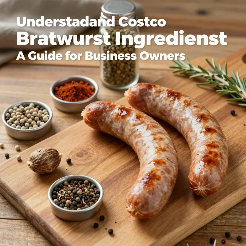 A close-up of Kirkland Signature Bratwurst revealing its composition of finely ground pork and assorted spices.