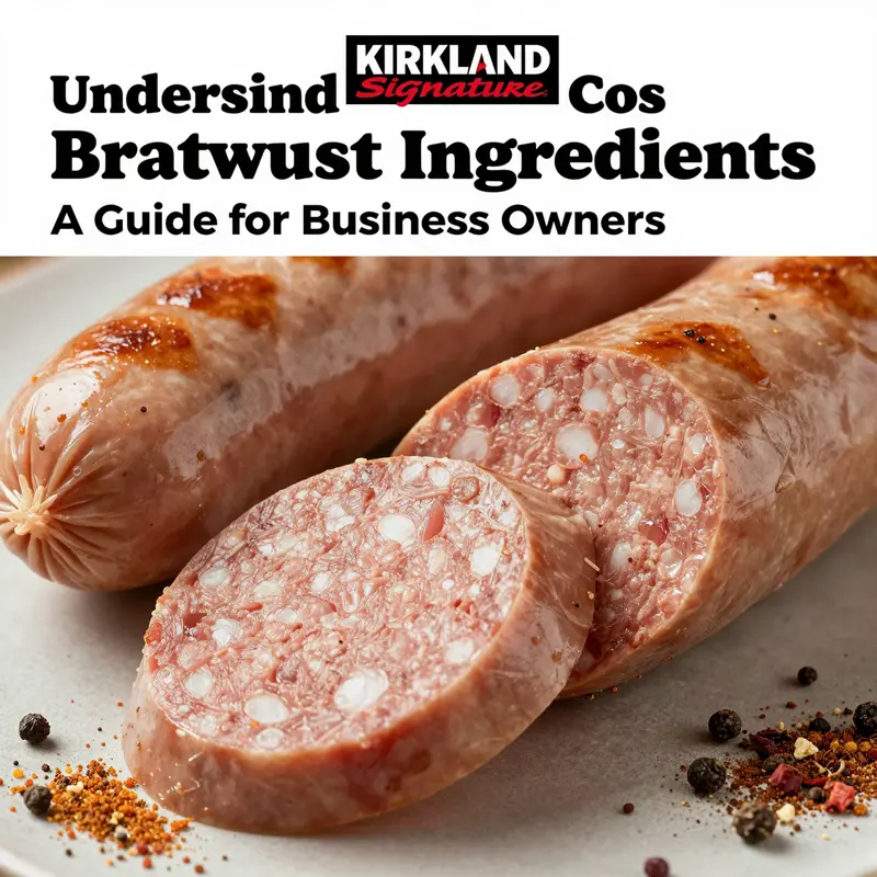 A close-up of Kirkland Signature Bratwurst revealing its composition of finely ground pork and assorted spices.