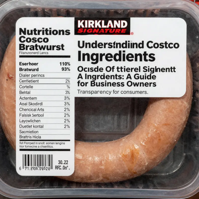 A close-up of Kirkland Signature Bratwurst revealing its composition of finely ground pork and assorted spices.