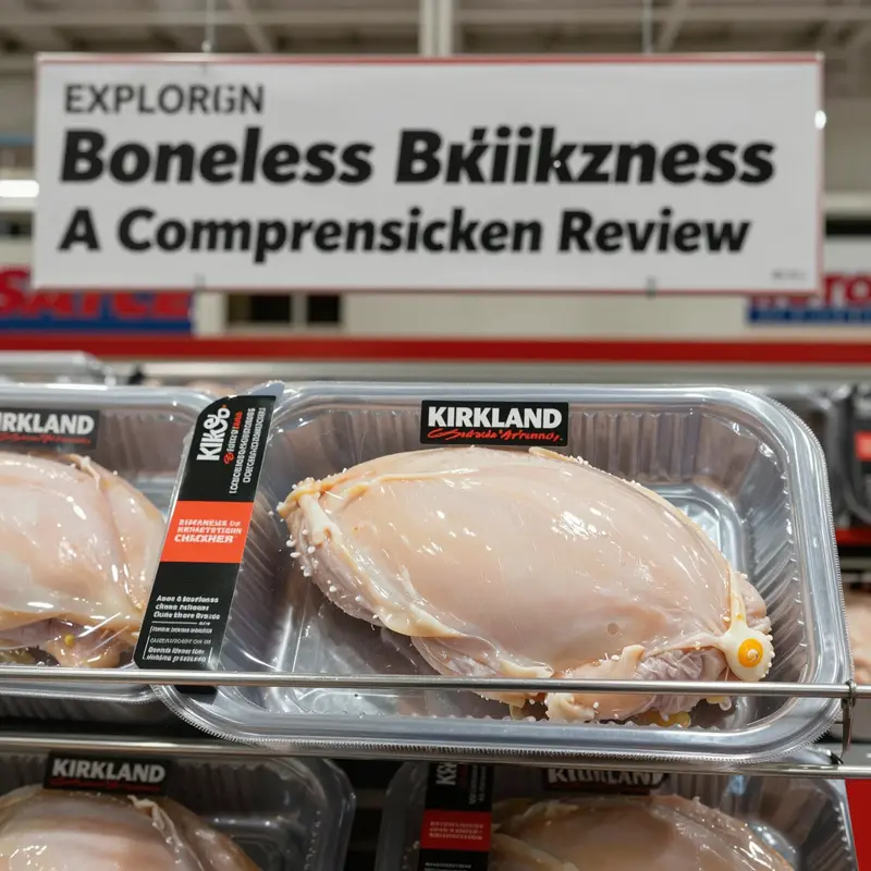 A Costco store display focusing on Kirkland boneless skinless chicken breast products, illustrating their market presence.