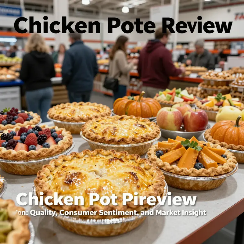 Photo of a golden chicken pot pie next to other seasonal pies on a Costco food court table with shoppers in the background.