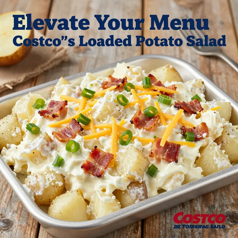 Costco’s Creamy Loaded Potato Salad, highlighting its premium ingredients and tempting presentation.