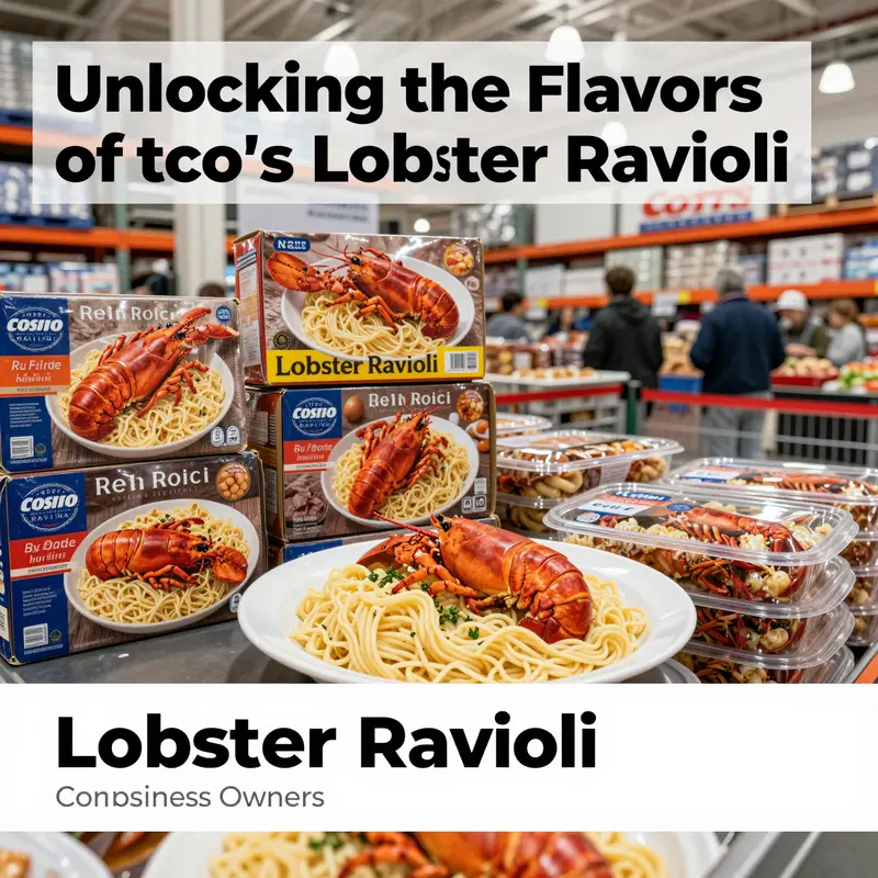 Display of various Costco food items including Lobster Ravioli in a lively supermarket environment.