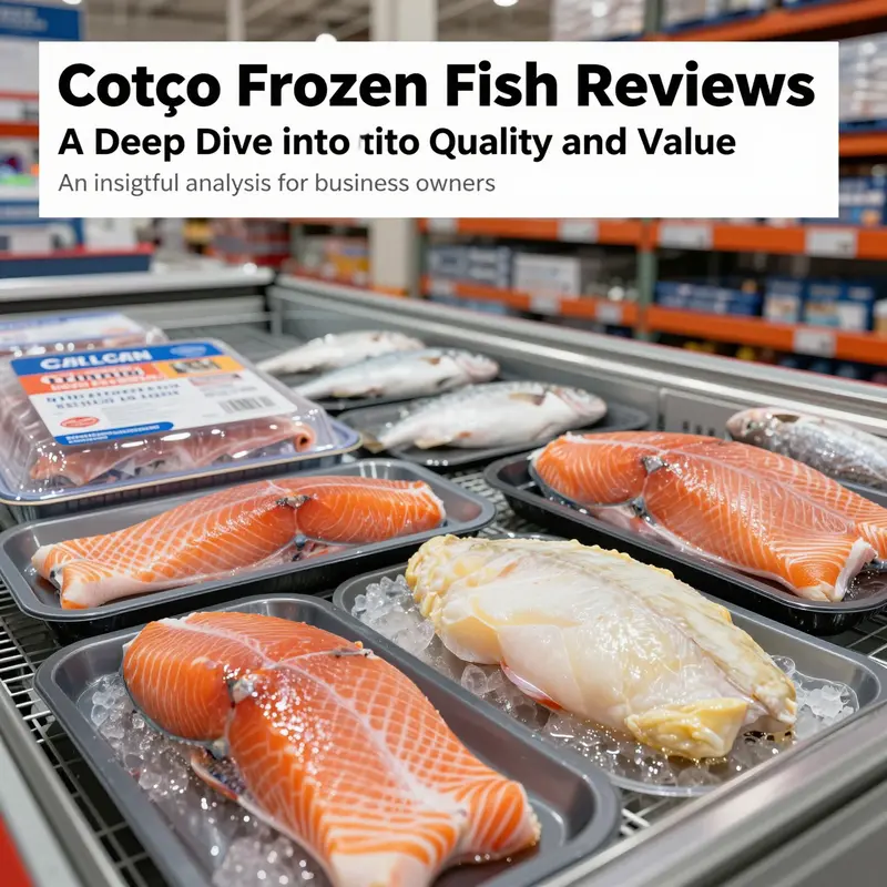 Collage of Costco frozen fish offerings, featuring Salmon, Cod, and Tilapia.