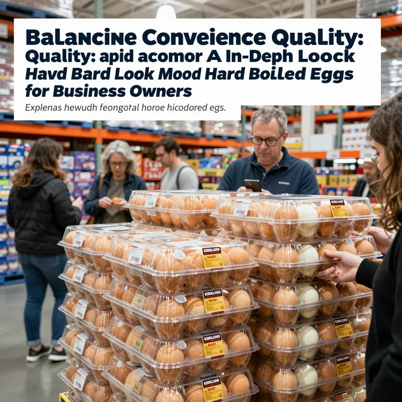 Costco store aisle filled with packages of Kirkland Signature Hard-Boiled Eggs and shoppers selecting items.