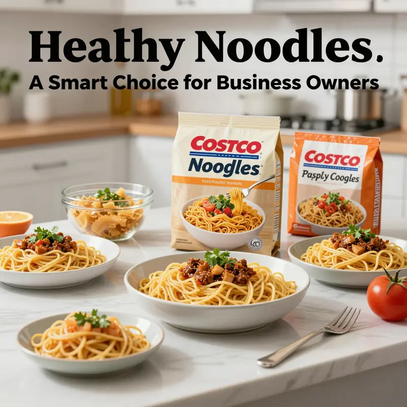 An inviting kitchen scene featuring multiple dishes made with Costco's healthy noodles, emphasizing vibrant colors and appetizing presentation.