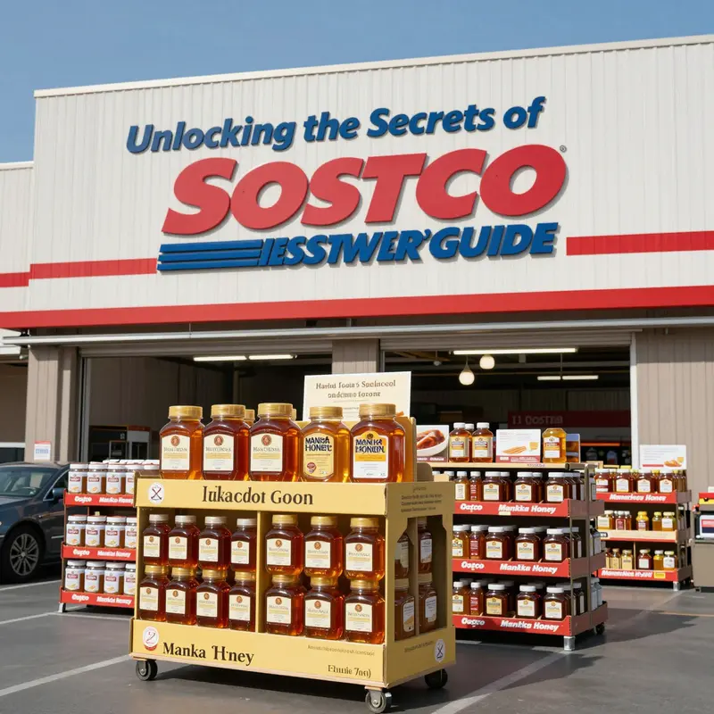 A Costco storefront displaying various honey products, including Manuka honey, inviting consumers inside.
