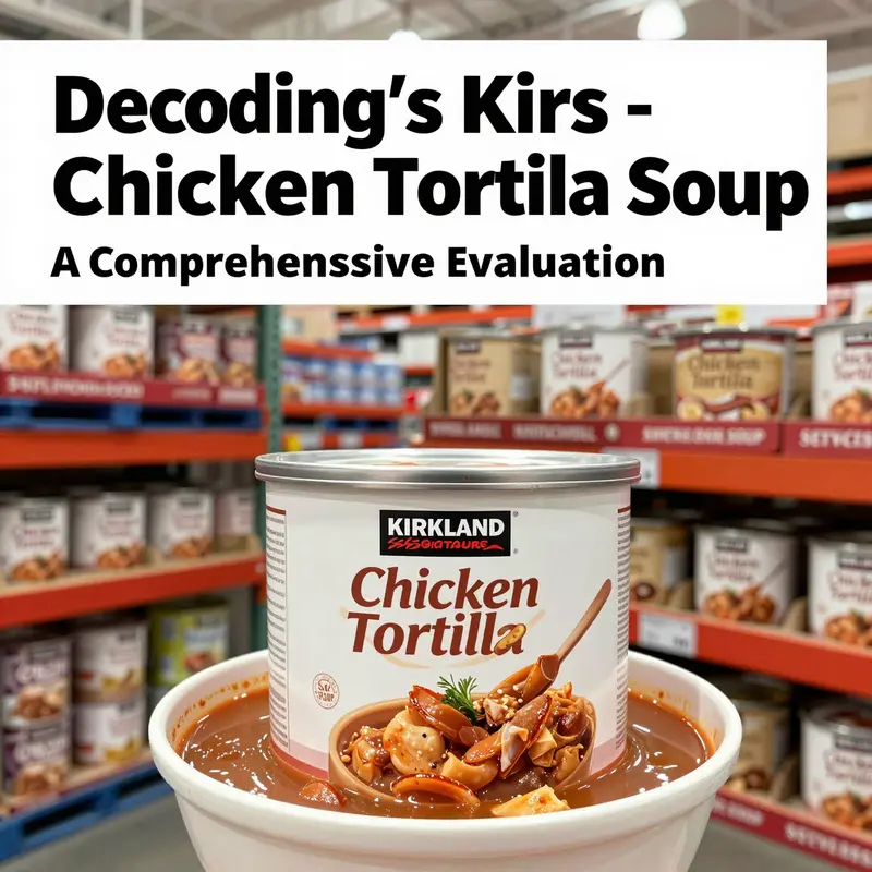 A Costco aisle filled with Kirkland Signature products, featuring Chicken Tortilla Soup as a key item.