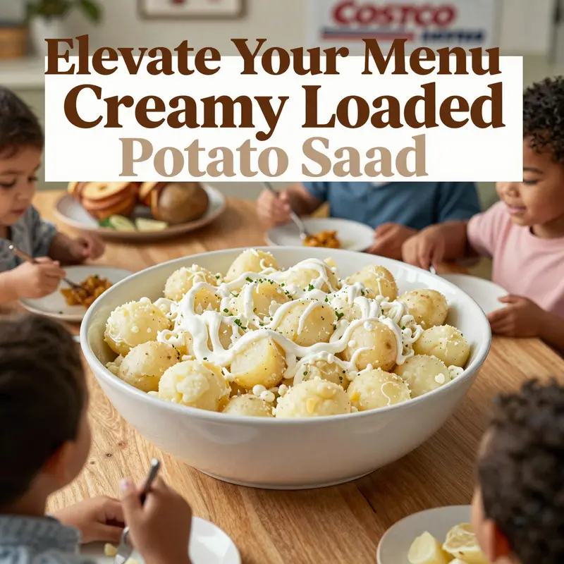 A festive family gathering with Costco's Creamy Loaded Potato Salad served, highlighting its appeal during social events.