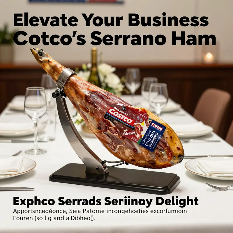 Elegant dining arrangement showcasing Costco Serrano Ham with stand, emphasizing a high-quality culinary experience.