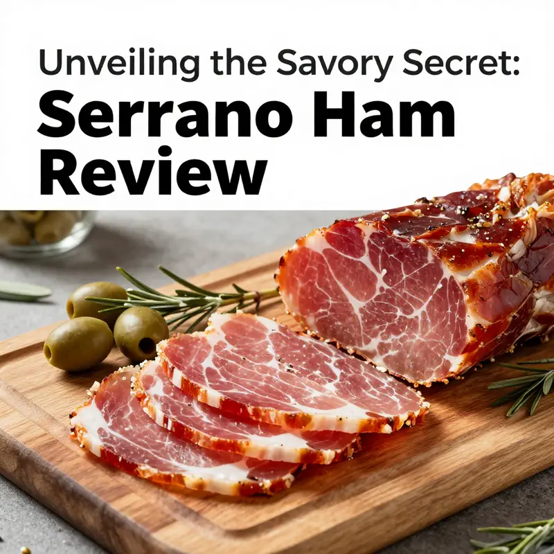 Sliced Serrano ham, showcasing its rich texture and inviting colors on a rustic cutting board.