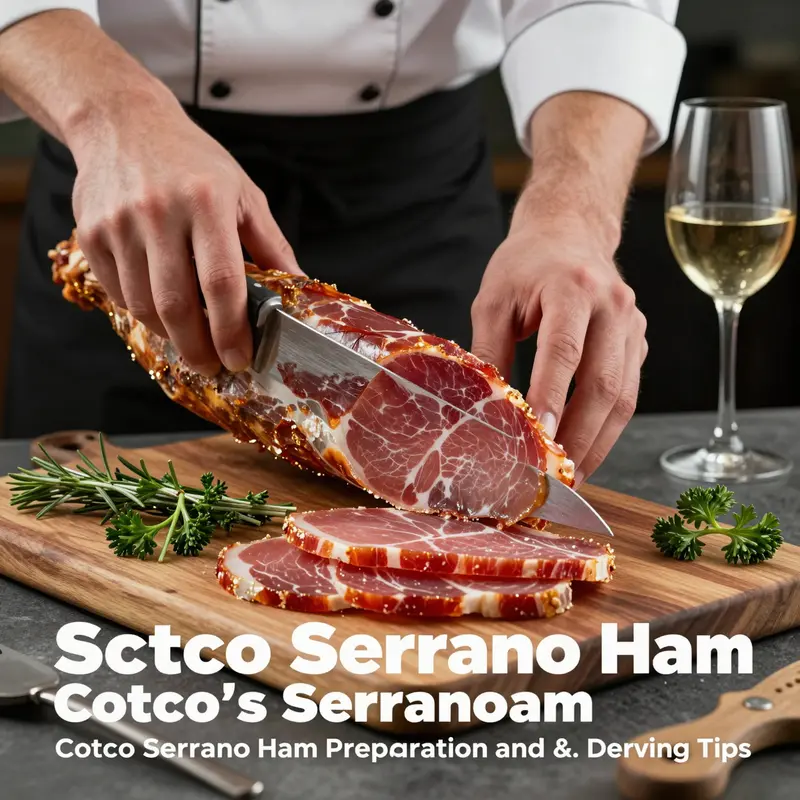 Costco Serrano Ham displayed with its elegant stand and knife, showcasing its quality and presentation.