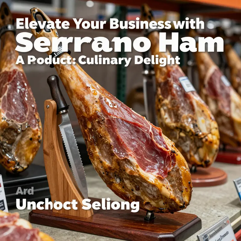 Costco Serrano Ham displayed with its elegant stand and knife, showcasing its quality and presentation.