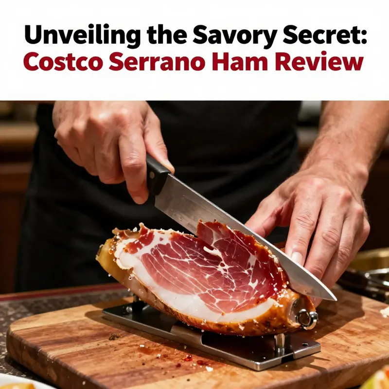 Sliced Serrano ham, showcasing its rich texture and inviting colors on a rustic cutting board.