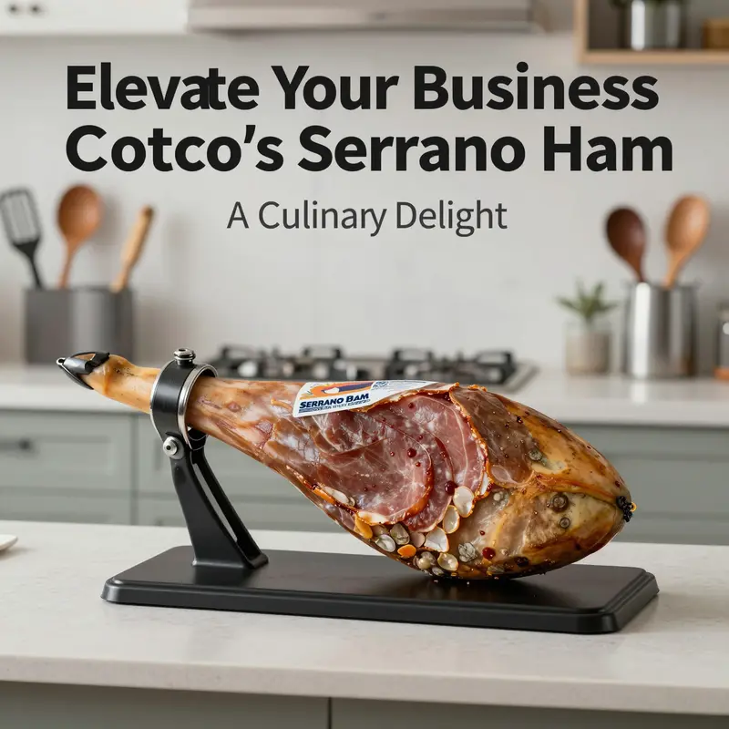 Costco Serrano Ham displayed with its elegant stand and knife, showcasing its quality and presentation.