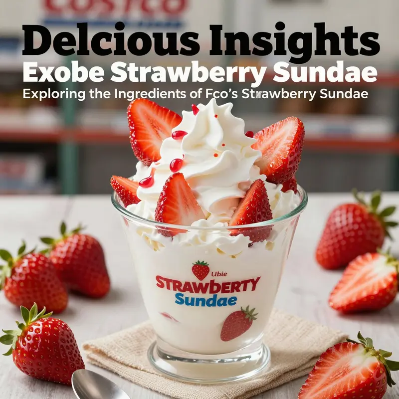 A tempting image of Costco's Strawberry Sundae surrounded by fresh strawberries and colorful garnishes.