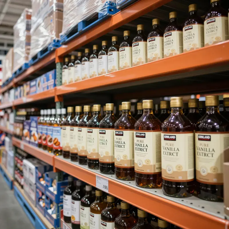 Wide-angle view of Costco warehouse shelves filled with Kirkland Signature Vanilla Extract bottles among other bulk products.