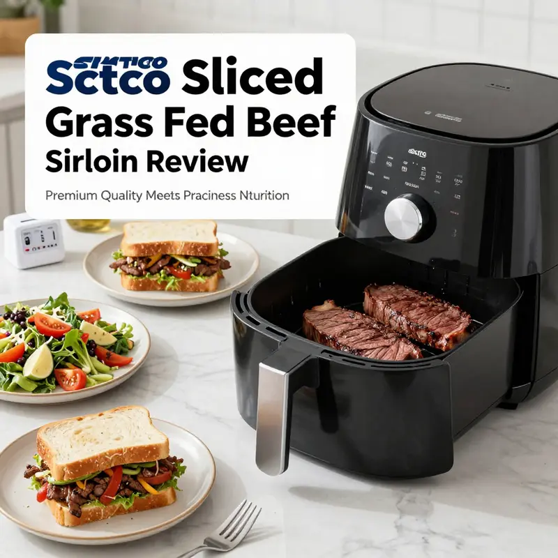 Close-up of Costco’s sliced grass-fed beef sirloin highlighting its premium quality and rich flavor.