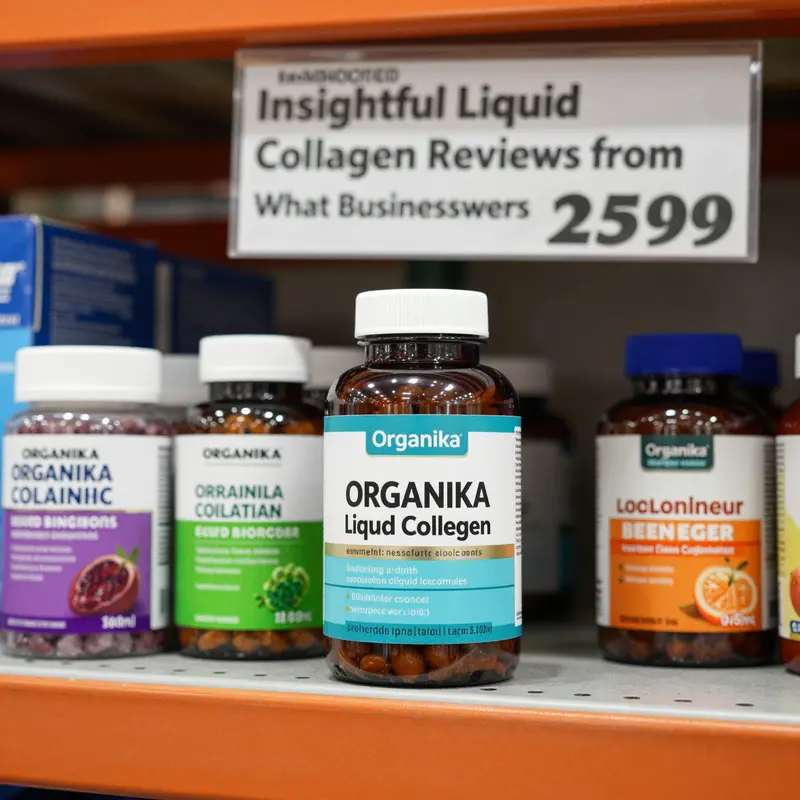 An image featuring Organika liquid collagen alongside related health products, emphasizing its appeal.