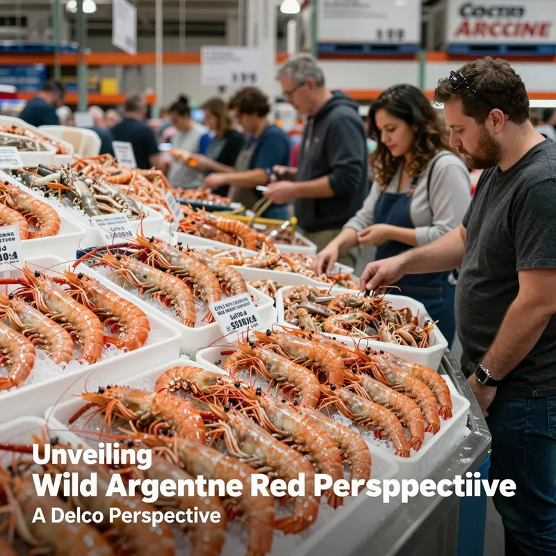 A vibrant photo of a seafood market with fresh Wild Argentine Red Shrimp prominently displayed, reflecting the quality and engagement of shoppers.