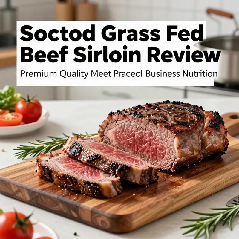 Plate of sliced grass-fed beef sirloin with garnishes and kitchen utensils on a wood surface in a modern kitchen.