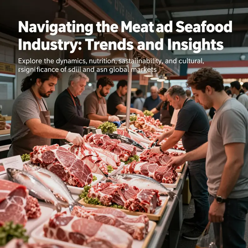 A bustling market filled with fresh meat and seafood displays, illustrating the vibrancy and variety of the industry.