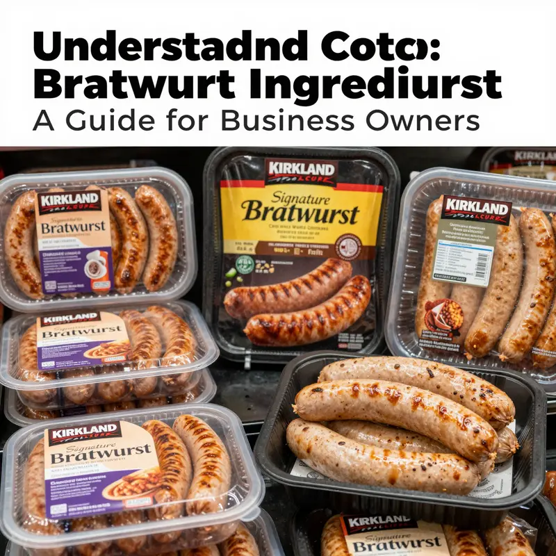 Assorted Kirkland Signature Bratwurst products on display in a grocery aisle, highlighting their branding and consumer appeal.