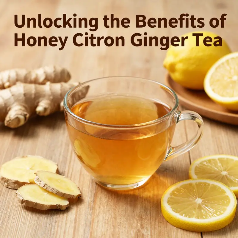 A cup of Honey Citron Ginger Tea with ginger, lemon, and honey displayed around it, set in a cozy atmosphere.