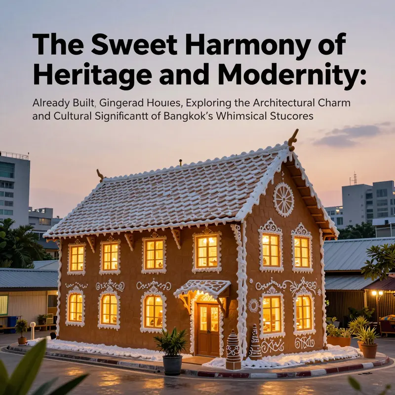 An atmospheric view of the Gingerbread House in Bangkok at twilight, highlighting its whimsical architecture with soft lighting.