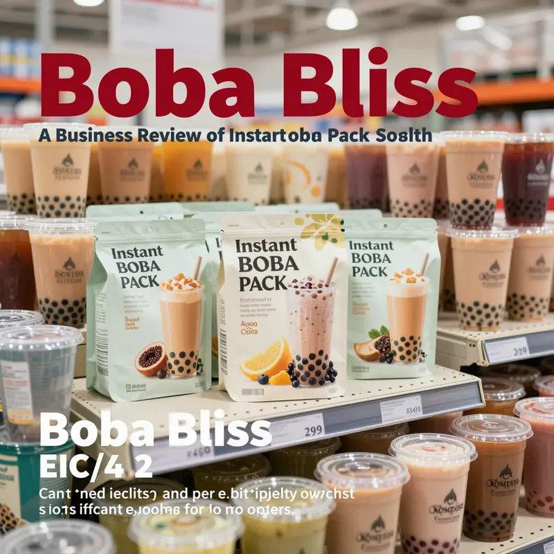An organized supermarket shelf with Instant Boba Pack prominently displayed, showcasing vibrant bubble tea cups, illustrating the product's appeal.