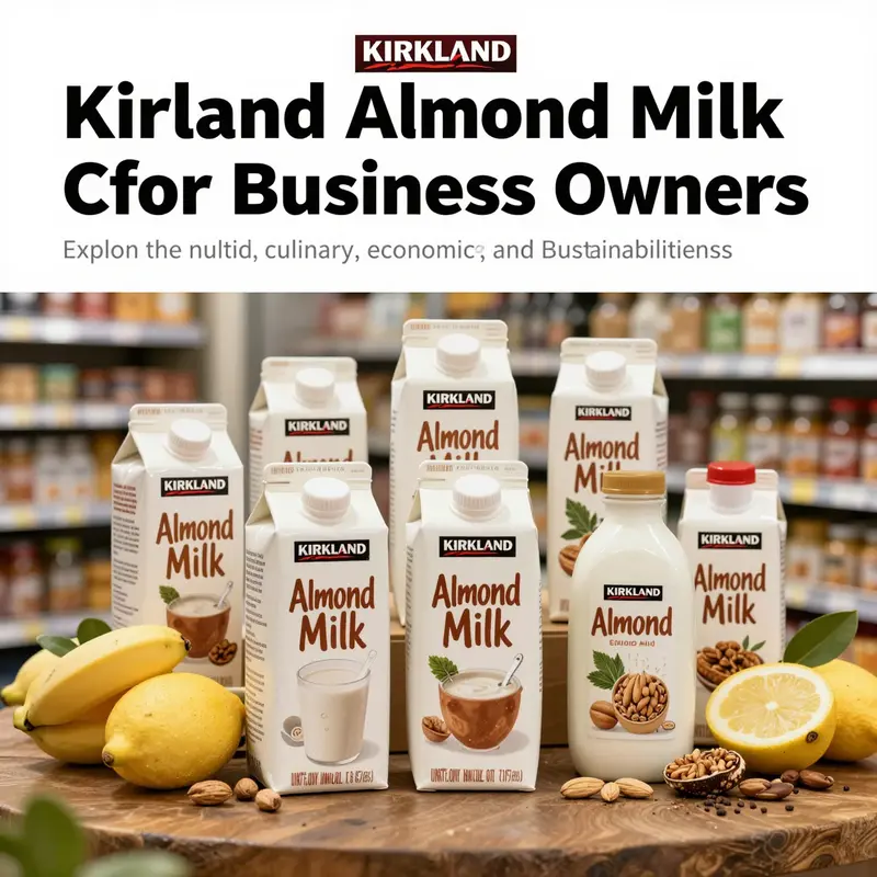 A beautifully arranged showcase of Kirkland Almond Milk products with fresh fruits and nuts in a store.