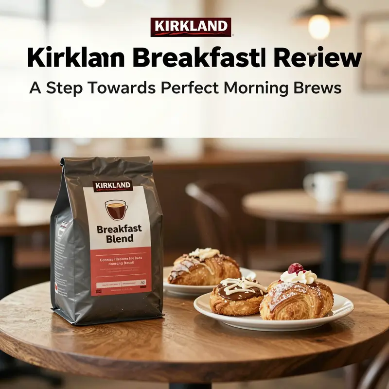 A coffee shop table displaying Kirkland Breakfast Blend coffee and pastries, creating a warm and inviting atmosphere.