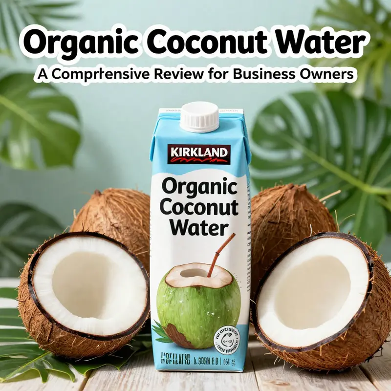 A Kirkland Organic Coconut Water carton depicted with coconuts and tropical plants, symbolizing natural freshness.