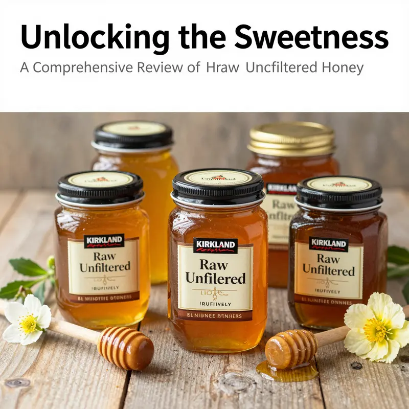 An arrangement of Kirkland Raw Unfiltered Honey jars with flowers and a honey dipper, emphasizing the product's natural appeal.