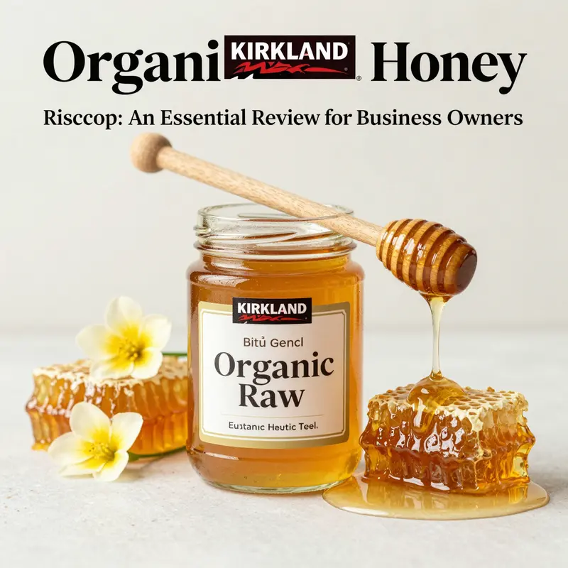 A jar of Kirkland Organic Raw Honey with a dipper, surrounded by natural elements, reflecting its pure qualities.