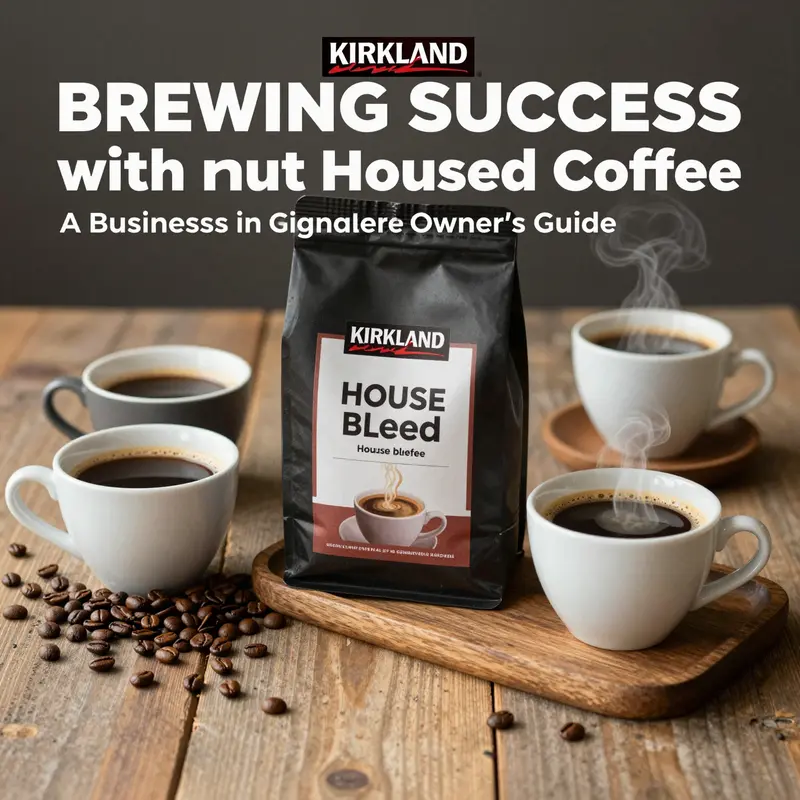 An aesthetically pleasing coffee setup with Kirkland House Blend Coffee, highlighting freshly brewed coffee and whole beans.