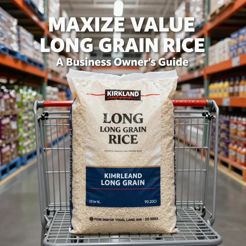 A large bag of Kirkland Long Grain Rice in a Costco store highlighting cost efficiency for business owners.