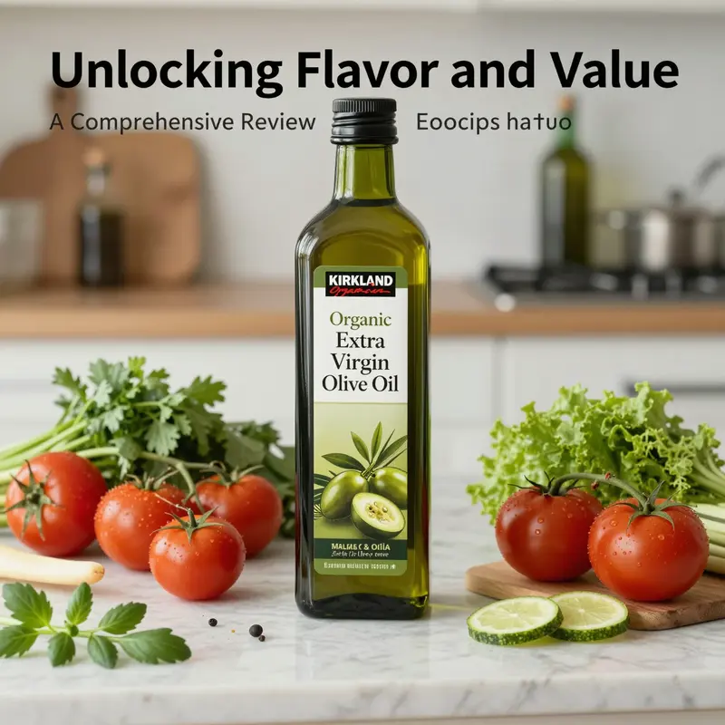 A kitchen scene featuring Kirkland Organic Extra Virgin Olive Oil with fresh ingredients, emphasizing its culinary versatility.
