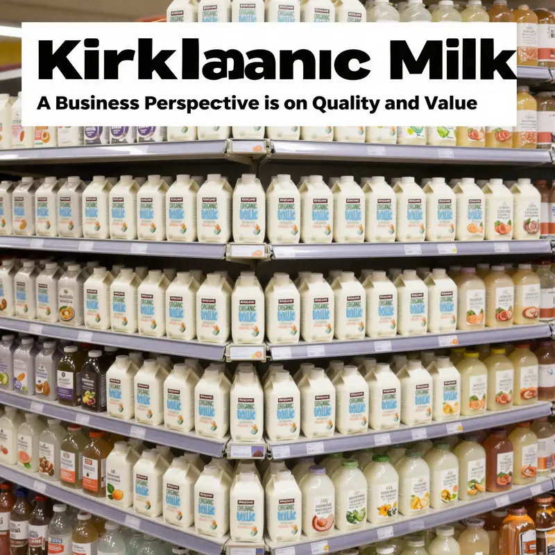 A vibrant display of Kirkland Organic Milk in a grocery aisle, showcasing its popularity among shoppers.