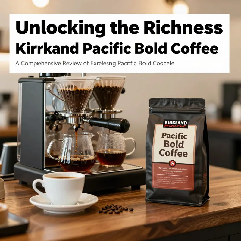 A coffee bar display featuring Kirkland Pacific Bold Coffee, reflecting an inviting and aromatic coffee experience.