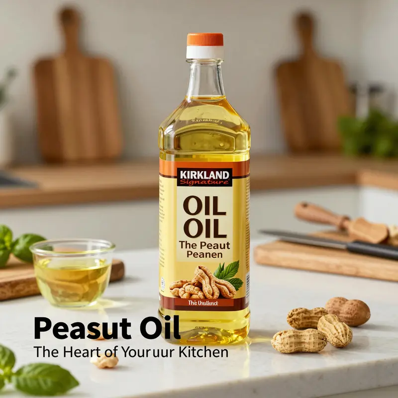 A cozy kitchen with Kirkland peanut oil surrounded by fresh ingredients and cooking tools.