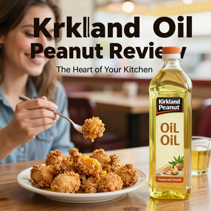 Kirkland peanut oil showcases its specifications and versatile culinary uses in a professional kitchen setting.
