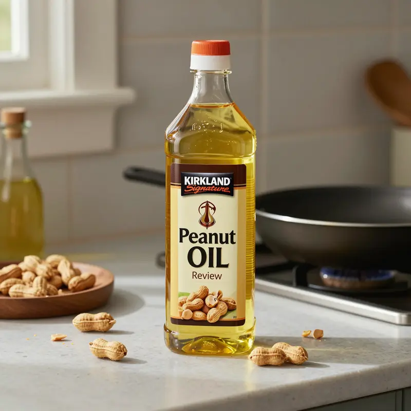 Kirkland peanut oil showcases its specifications and versatile culinary uses in a professional kitchen setting.