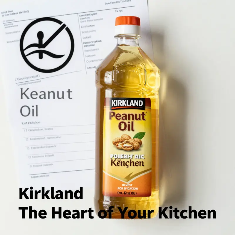 Kirkland peanut oil showcases its specifications and versatile culinary uses in a professional kitchen setting.