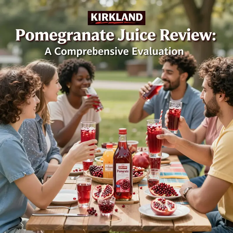 A joyful group enjoying Kirkland pomegranate juice outdoors, representing its consumer appeal.
