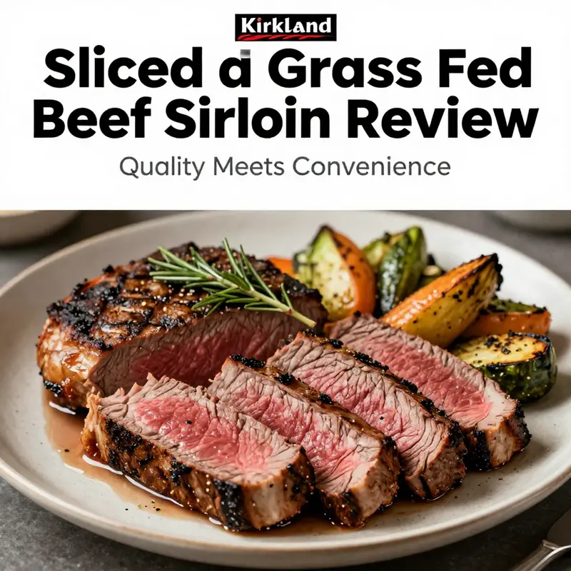 Platter of Kirkland sliced grass-fed beef sirloin, garnished with herbs, alongside roasted vegetables.