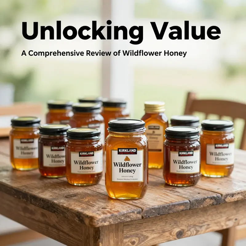 A display of multiple jars of Kirkland Wildflower Honey on a wooden table, showcasing its quality and aesthetic appeal.