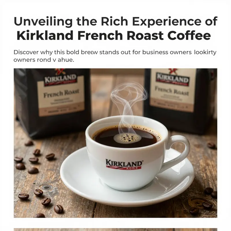 A cup of Kirkland French Roast Coffee elegantly presented with coffee beans on a table, conveying a sense of richness.