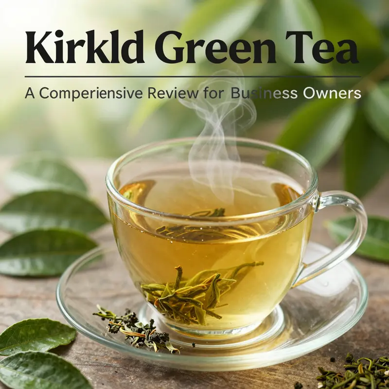 Cup of Kirkland Green Tea surrounded by green tea leaves.